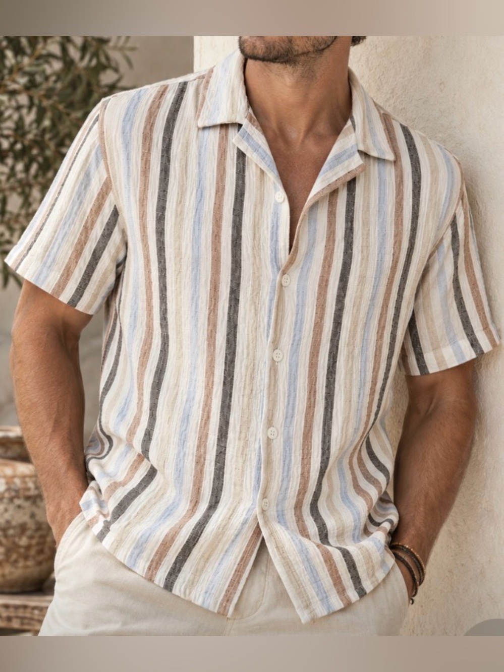 Folk Deck SS Shirt Medium M Textured Multi Stripe Short Sleeve Seersucker